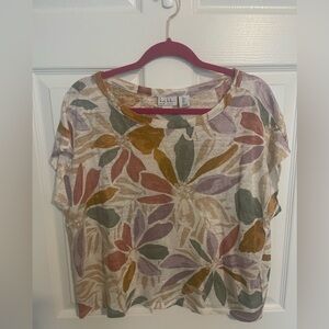 Nicole Miller 100% Linen Cropped Boxy Floral Print Short Sleeve Shirt